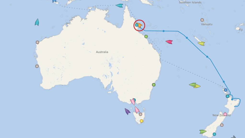 NCL's Norwegian Sun (orange marker) took a wide arc to avoid Brisbane (blue line) with the dotted blue line showing its original planned course. Picture by CruiseMapper NCL's Norwegian Sun (orange marker) took a wide arc to avoid Brisbane (blue line) with the dotted blue line showing its original planned course. Picture by CruiseMapper