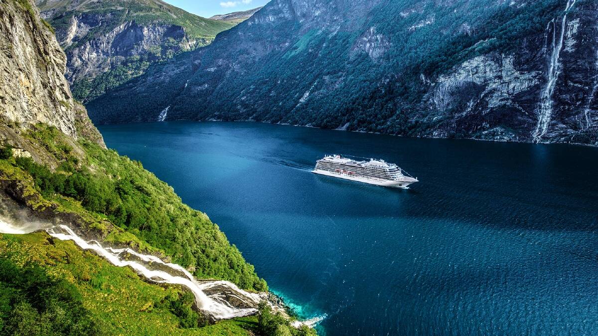 Another of Viking's ships, the Viking Sky, traverses a fjord at Geiranger. Picture supplied