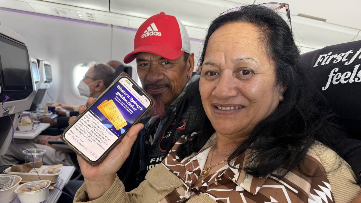 Polly Akauola (right) and her husband, Semisi, on the first international flight from WSI, operated by Air New Zealand to Auckland. Picture by Akash Arora