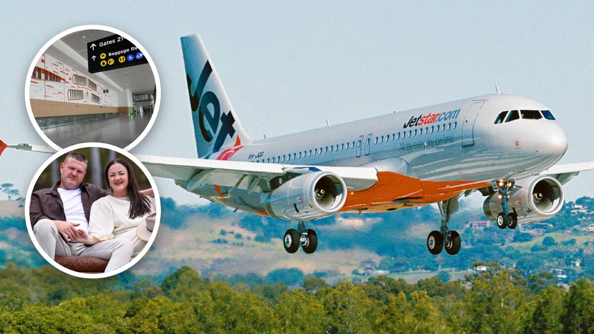 Jetstar will be the first flight from Western Sydney airport (main); the Eathers have tickets on the historic flight (inset bottom) and inside the new airport (inset top).