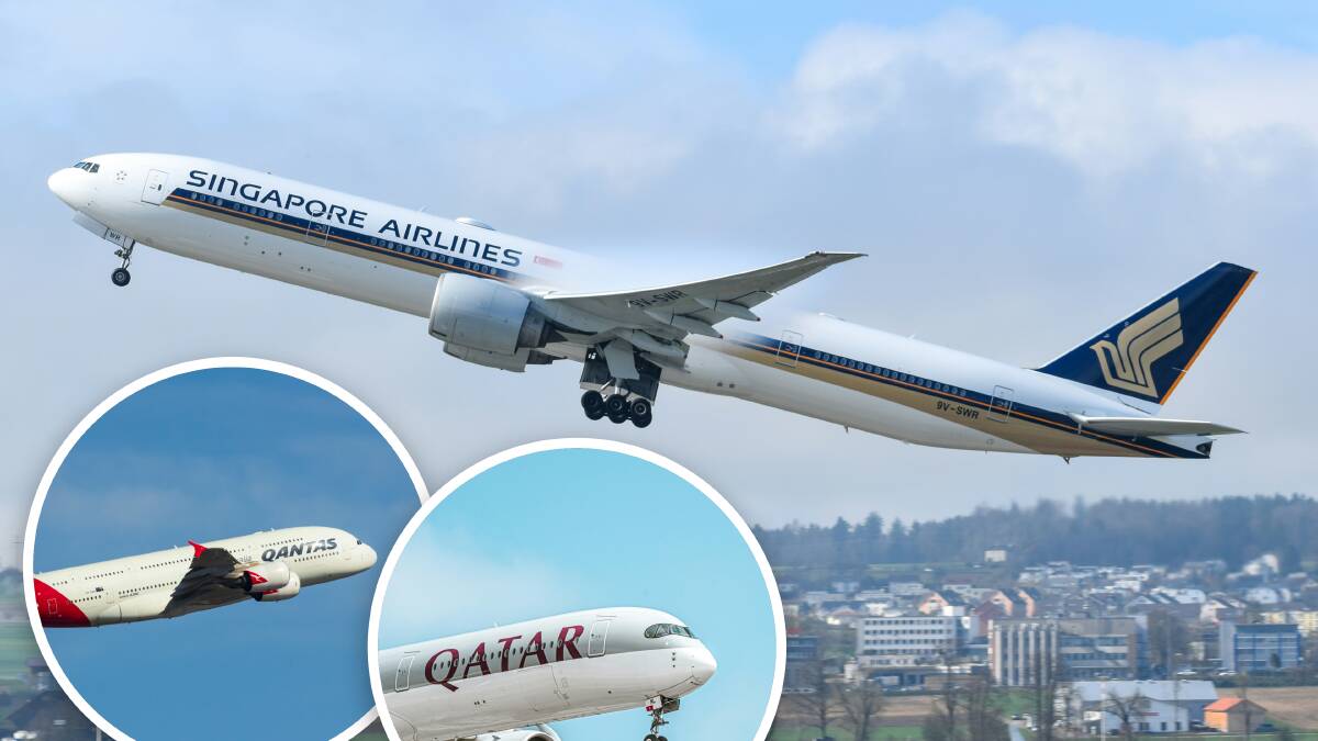 Singapore Airlines (main) has won best airline in the world, followed by Qatar (inset right), while Qantas has cracked the top 20. Pictures by David Syphers/Lukas Souza/Unsplash
