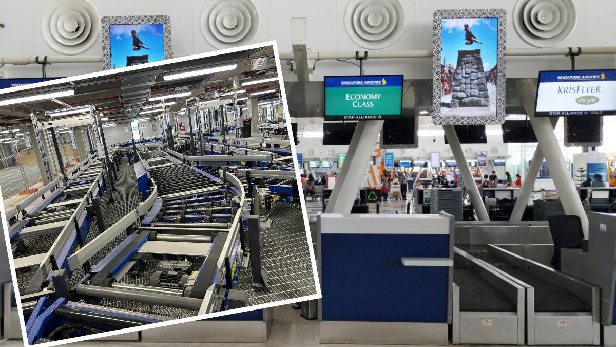 An airport check in counter and (inset) Melbourne Airport's new baggage handling system. Picture by Unsplash and supplied An airport check in counter and (inset) Melbourne Airport's new baggage handling system. Picture by Unsplash and supplied