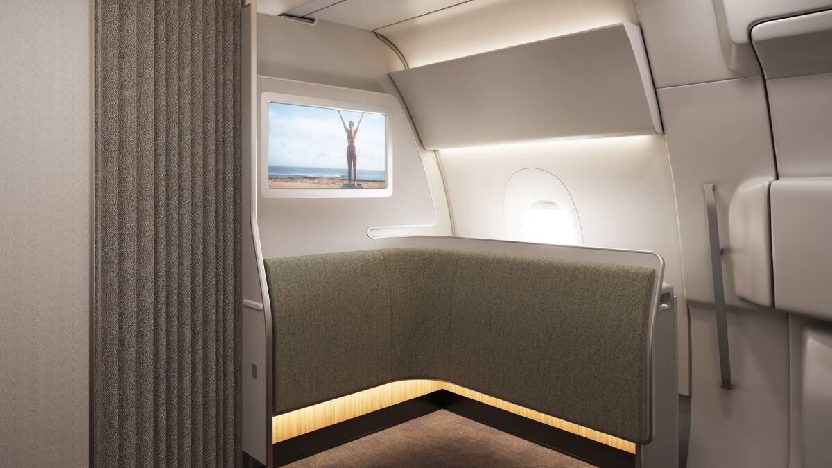 A movement area in the Wellbeing Zone with guided movement videos. Picture supplied by Qantas