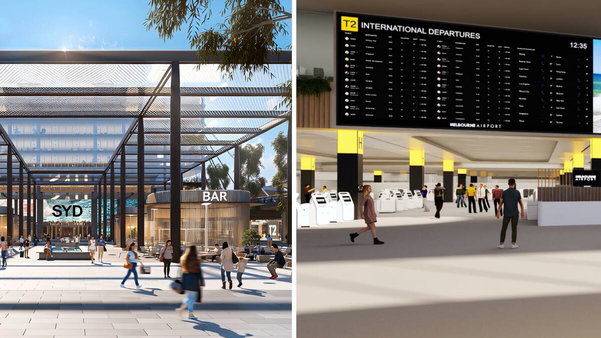 Artist impressions: Sydney Airport's forecourt that will connect the two main terminal spaces (left) and Melbourne Airport's check-in hall.