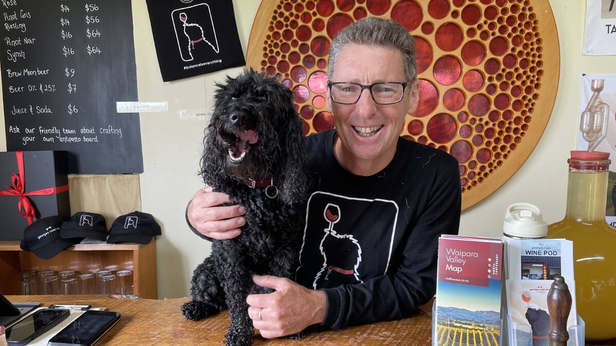 Pepper the Wine Dog and owner-winemaker Kirk Bray at Georges Road Winery in Waipara, outside of Christchurch. Picture by Sarah Falson Pepper the Wine Dog and owner-winemaker Kirk Bray at Georges Road Winery in Waipara, outside of Christchurch. Picture by Sarah Falson