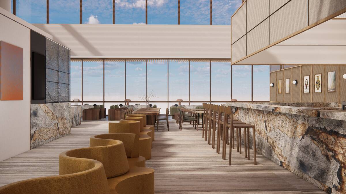 The dining space in Western Sydney Airport's yet-to-open Rayleigh Lounge, with sweeping views of the magnificent Blue Mountains.