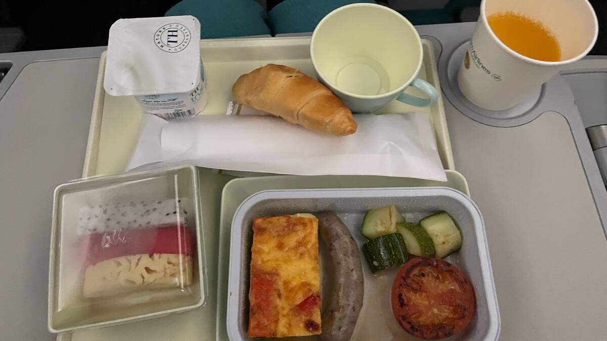 Breakfast in premium economy. Picture: Sarah Falson