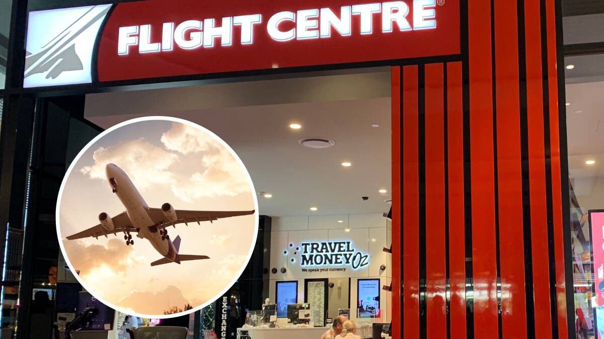 A Flight Centre shop front and (inset) an aeroplane taking off. Picture by Flight Centre and (inset) file picture