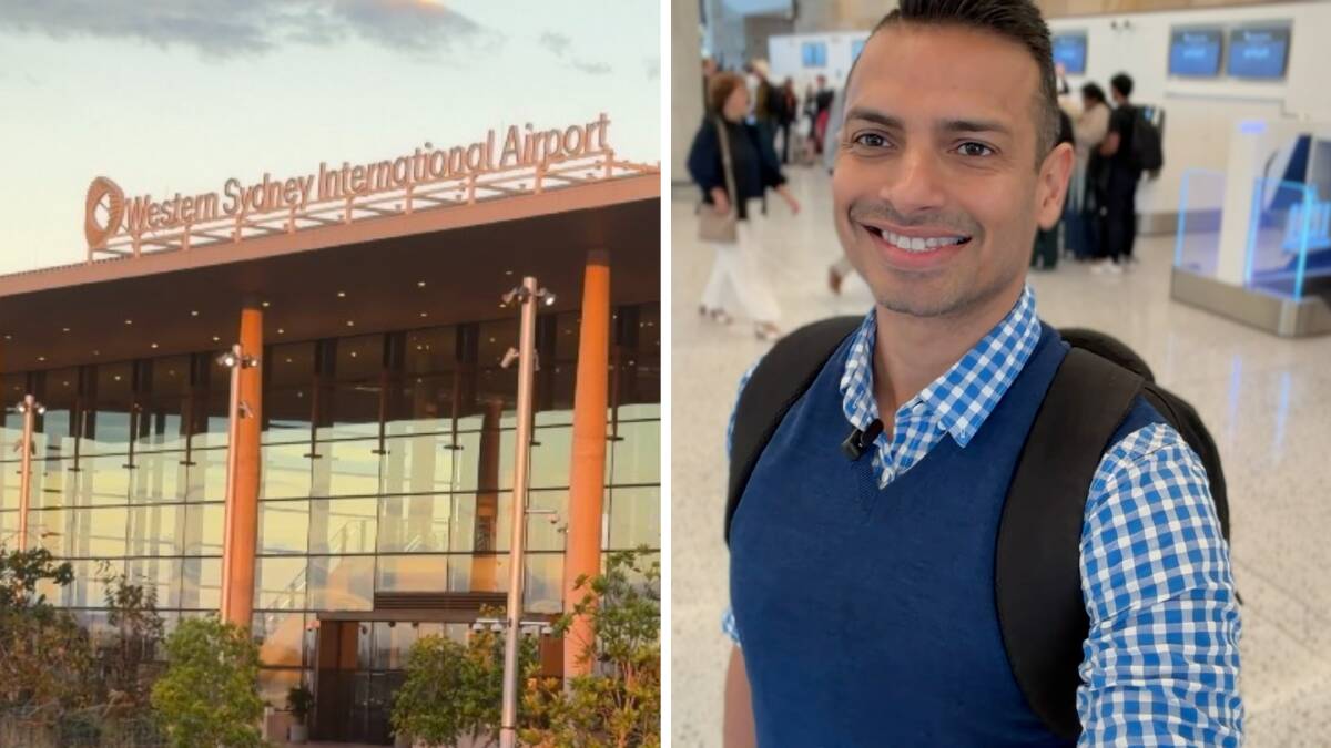 The writer (right) at Western Sydney International Airport for the airport's history-making first international flight with Air New Zealand. Pictures by Akash Arora