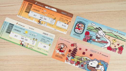 Starlux flight tickets with Peanuts branding. Picture by Starlux Starlux flight tickets with Peanuts branding. Picture by Starlux