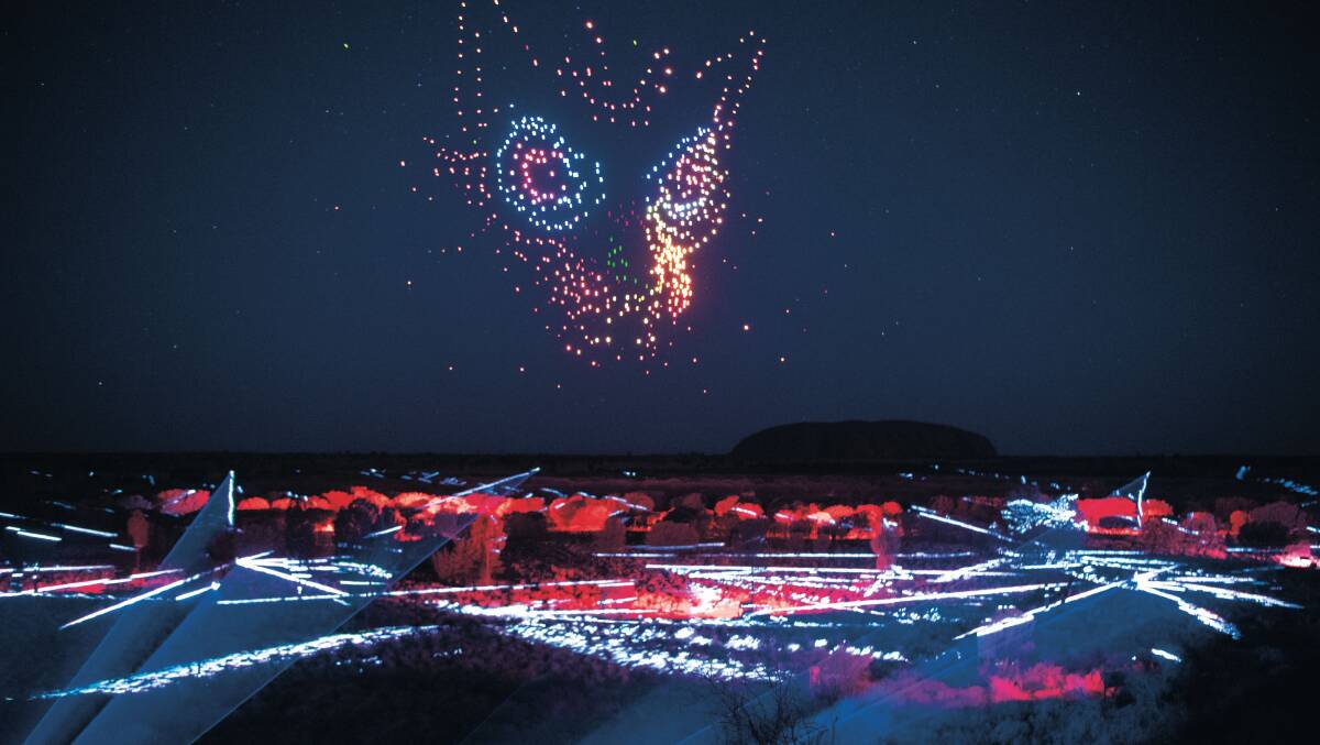 Wintjiri Wiru, an immersive, light, sound and drone show held at Yulara in the NT, overlooking Uluru and Kata Tjuta. Picture by James D Morgan/Getty Images Wintjiri Wiru, an immersive, light, sound and drone show held at Yulara in the NT, overlooking Uluru and Kata Tjuta. Picture by James D Morgan/Getty Images