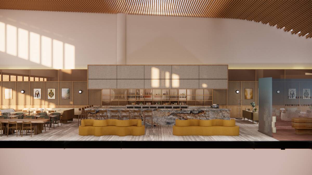 The feature bar at the Rayleigh Lounge, complete with a natural colour palette that mimics the Western Sydney surroundings.