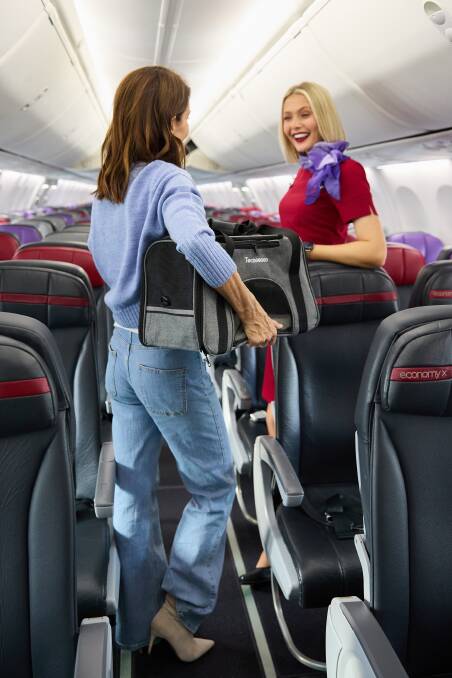 A woman with a pet carrier boards a Virgin Australia flight. Picture supplied A woman with a pet carrier boards a Virgin Australia flight. Picture supplied
