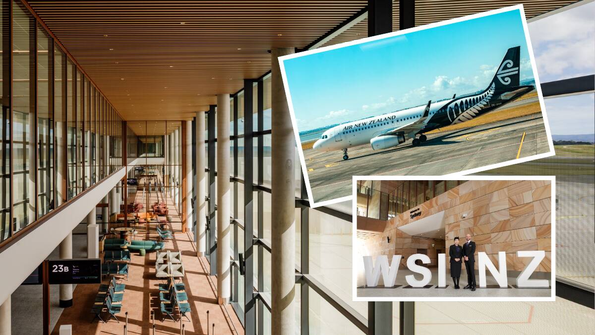 The Western Sydney International Airport departure lounge (main) with an Air New Zealand aircraft (inset top) and WSI and Air NZ staff at WSI. Picture supplied and from Unsplash