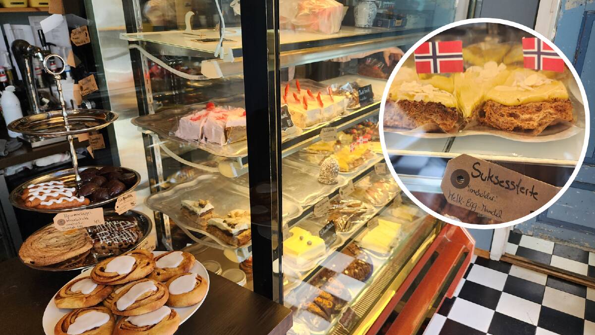 Mandal cafe Skagestad's cake selection, including the traditional Norwegian Suksesskerte (Success Cake). Picture by Desiree Savage