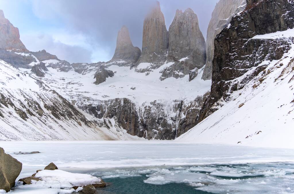 The iconic view at the base of the towers of Torres del Paine. Picture by Michael Turtle