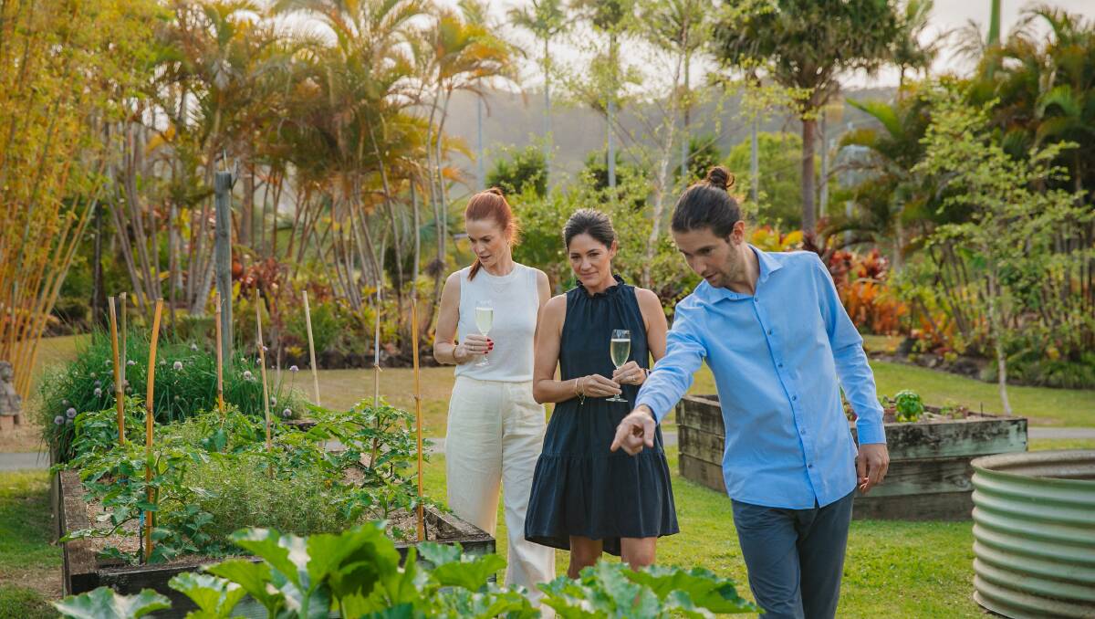 Waitstaff showing guests through the kitchen garden at Potager.