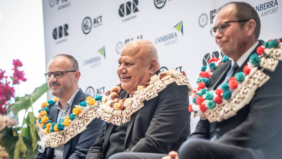 The launch of the service: ACT Chief Minister Andrew Barr, Fiji Deputy Prime Minister Viliame Gavoka, and Canberra Airport head of aviation Micahel Thomson. Picture by Karleen Minney