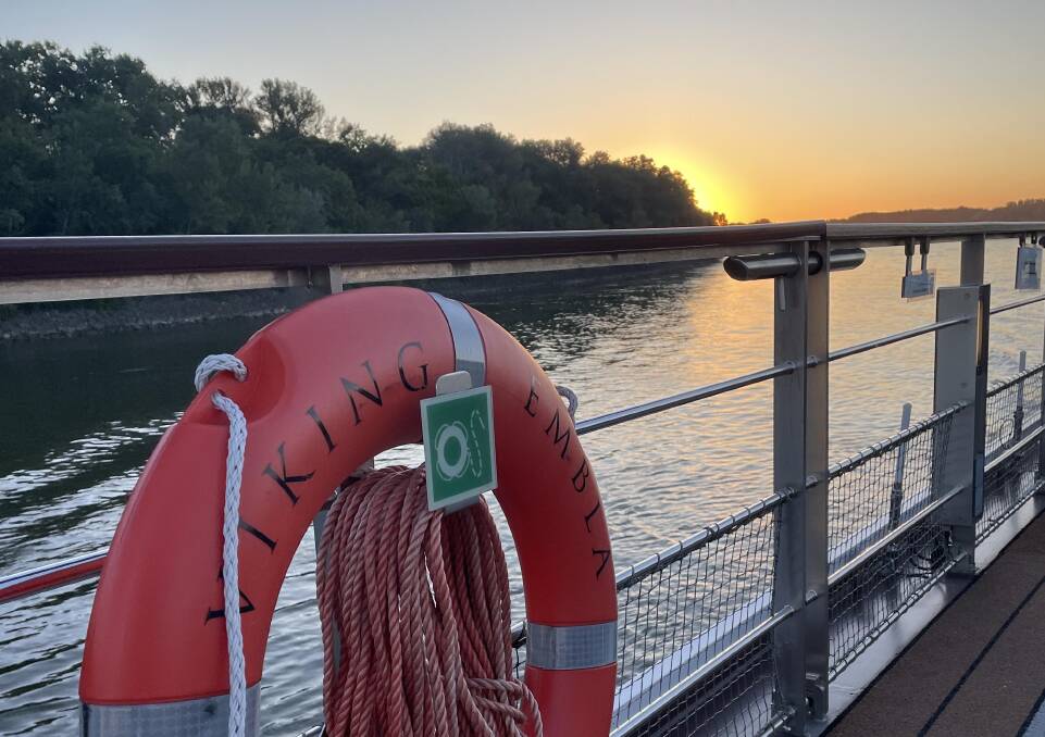 Sunrise on the sun deck of the Viking Longship Embla as we cruise up the Danube River along the border between Hungary and Slovakia. Picture by James Joyce