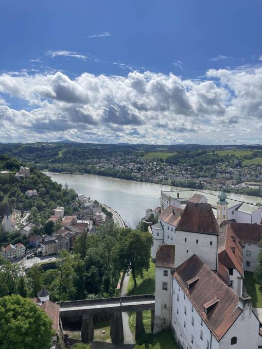 View from trom the uppermost turret of the cliff-top fortress Veste Oberhaus, which has been overlooking the confluence of the Inn, Ilz and Danube rivers since 1219. Picture by James Joyce