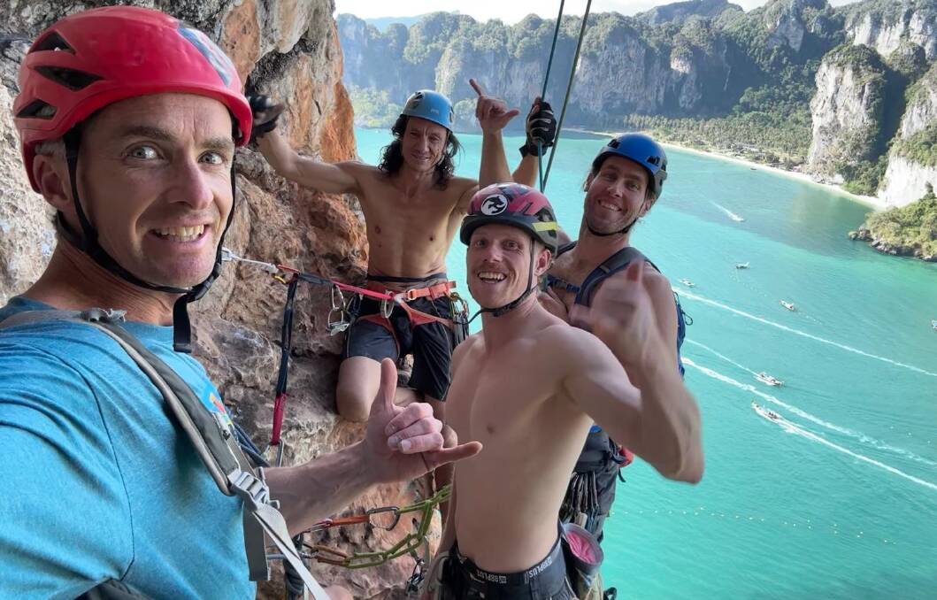 George Broadfoot, Justin Pang, Finn Irving and James Harrington during a climb in Thailand on Monday, January 26. Picture supplied George Broadfoot, Justin Pang, Finn Irving and James Harrington during a climb in Thailand on Monday, January 26. Picture supplied