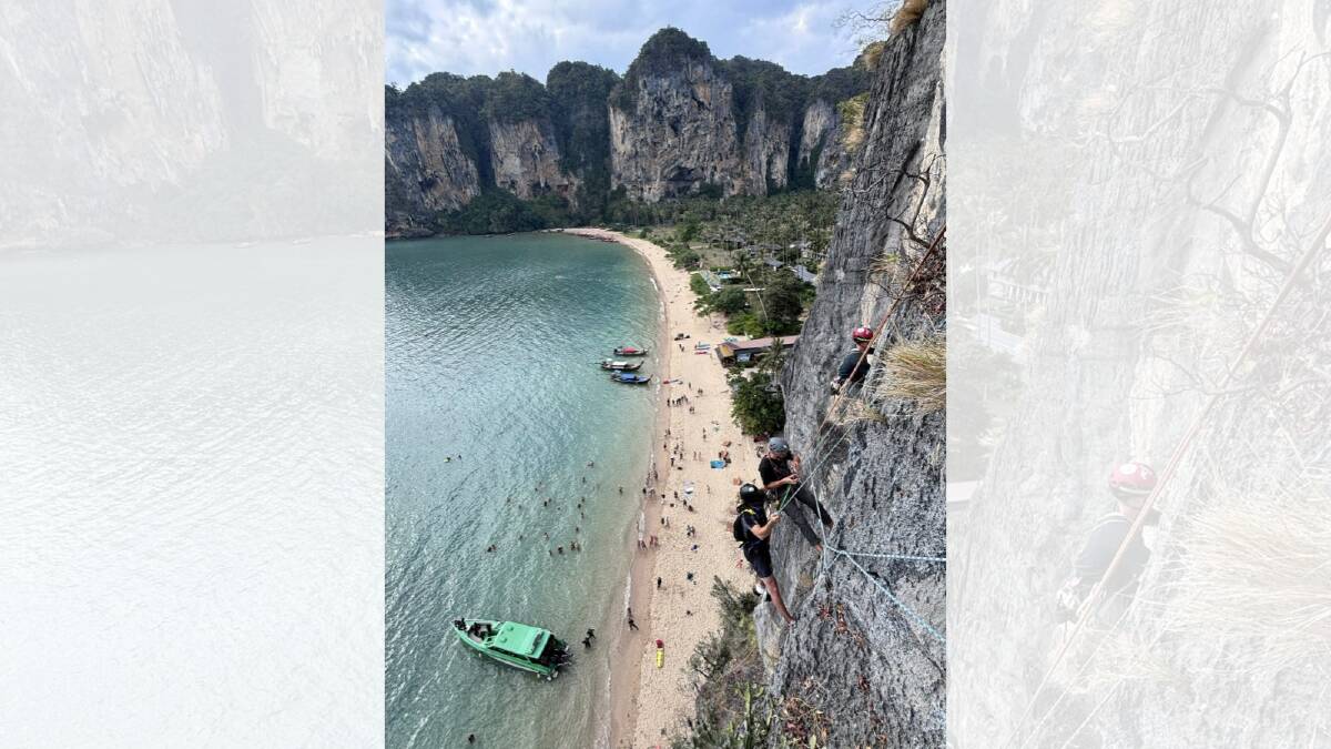 George Broadfoot, Justin Pang, Finn Irving, James Harrington, Hari Phongsopon and a BASE jumper from the UK during a cliff face rescue in Tonsai, Krabi in Thailand on Wednesday, January 28. Picture supplied George Broadfoot, Justin Pang, Finn Irving, James Harrington, Hari Phongsopon and a BASE jumper from the UK during a cliff face rescue in Tonsai, Krabi in Thailand on Wednesday, January 28. Picture supplied