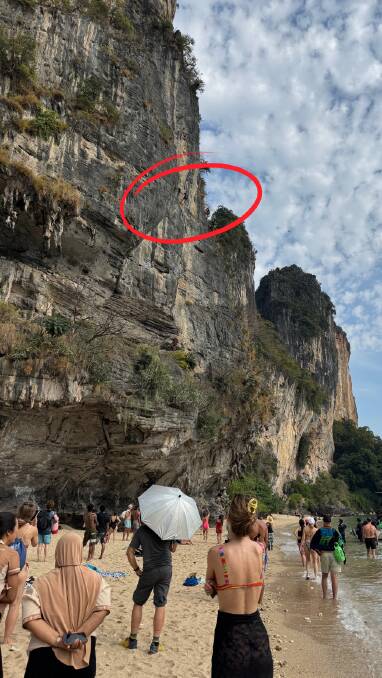 The rescue party, circled in red, during a cliff face rescue in Tonsai, Krabi in Thailand on Wednesday, January 28. Picture supplied The rescue party, circled in red, during a cliff face rescue in Tonsai, Krabi in Thailand on Wednesday, January 28. Picture supplied